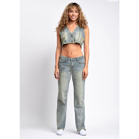 Austin Landing Viral Cross Patch Jeans  30x32 - Picture 1 of 13